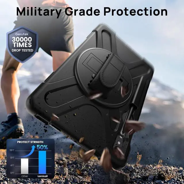 Alt view image 3 of 7 - Case for  Galaxy Tab S10 FE/S9 FE/S9/S8/S7 5G 10.9/11 Full-Body Drop Protective Case with Screen Protector Pencil Holder 360 Rotating Handle Stand Strap Cover for Tab S9 FE Black