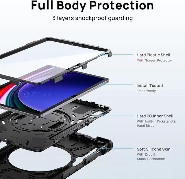 Alt view image 5 of 7 - Case for  Galaxy Tab S10 FE/S9 FE/S9/S8/S7 5G 10.9/11 Full-Body Drop Protective Case with Screen Protector Pencil Holder 360 Rotating Handle Stand Strap Cover for Tab S9 FE Black