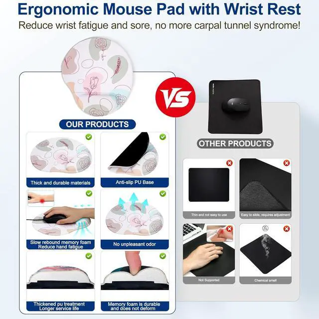 Alt view image 3 of 7 - Ergonomic Mouse Pad with Wrist Support Cute Floral Pattern Mouse Pads with Wrist Rest Comfortable Mouse Pad for Home Office Gaming Work Computers Laptop with Non-Slip PU Base (Rose Fantasy)