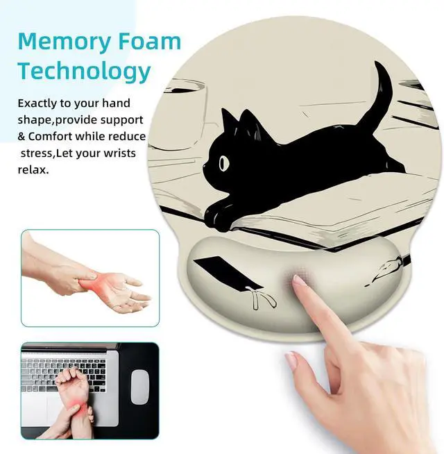 Alt view image 4 of 7 - Ergonomic Mouse Pad with Wrist Support Kawaii Anime Black Cat Mouse Pad with Wrist Rest Relieve Wrist Pain Mousepad Non-Slip Rubber Base Mouse Pads for Desk Computers Laptop Office Home Accessories
