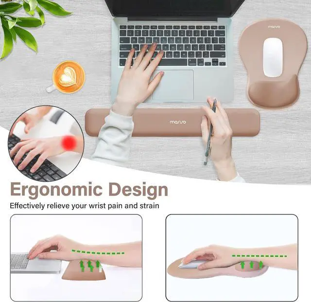 Alt view image 2 of 7 - Wrist Rest Support for Mouse Pad&Keyboard Set Ergonomic Mousepad with Concave Curved Memory Foam Non-Slip Base Pain Relief Comfortable Rectangular Easy Typing Pad for Home/Office Brown