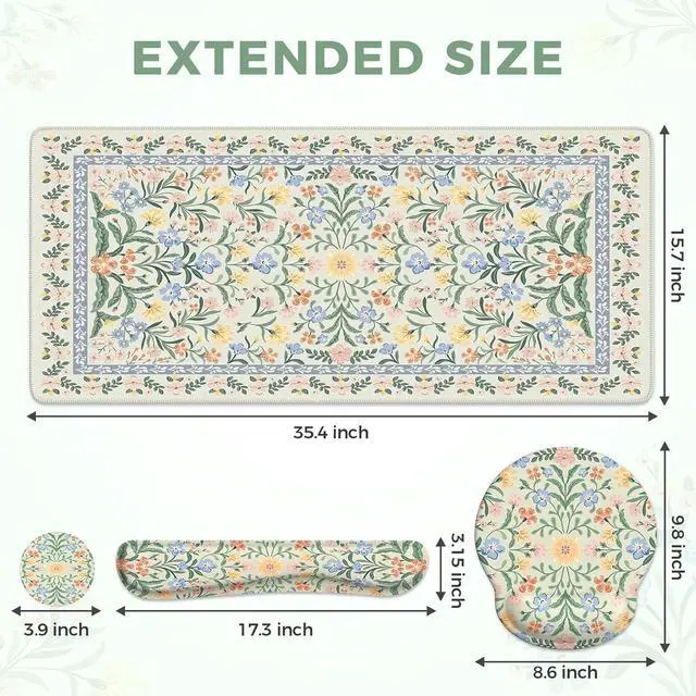 Alt view image 3 of 7 - Desk Mat Large Mouse Pad Wrist Support Set 4in1 XXL Large Mousepad + Keyboard Wrist Rest+Mouse Wrist Rest+Coastert with Ergonomic Design for Home Office Computer(Green Vine Flowers)