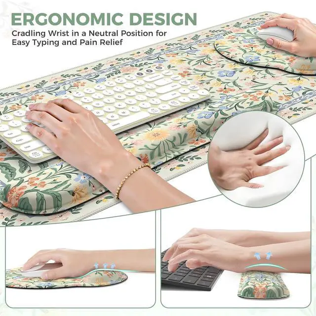 Alt view image 4 of 7 - Desk Mat Large Mouse Pad Wrist Support Set 4in1 XXL Large Mousepad + Keyboard Wrist Rest+Mouse Wrist Rest+Coastert with Ergonomic Design for Home Office Computer(Green Vine Flowers)