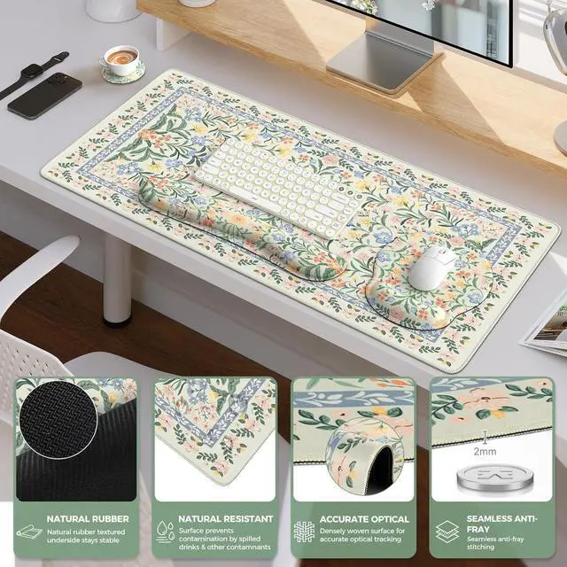 Alt view image 5 of 7 - Desk Mat Large Mouse Pad Wrist Support Set 4in1 XXL Large Mousepad + Keyboard Wrist Rest+Mouse Wrist Rest+Coastert with Ergonomic Design for Home Office Computer(Green Vine Flowers)