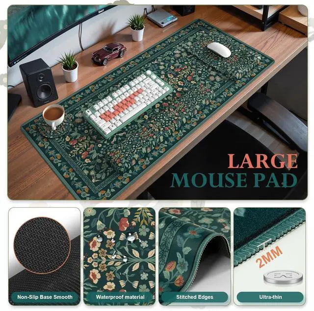 Alt view image 2 of 7 - Mouse Pad with Wrist Rest Large Desk Mat Set Ergonomic Keyboard Pad with Wrist Support Non-Slip Mouse Mat for Women Cute Floral Computer Mat for Home Office Gaming (Green)