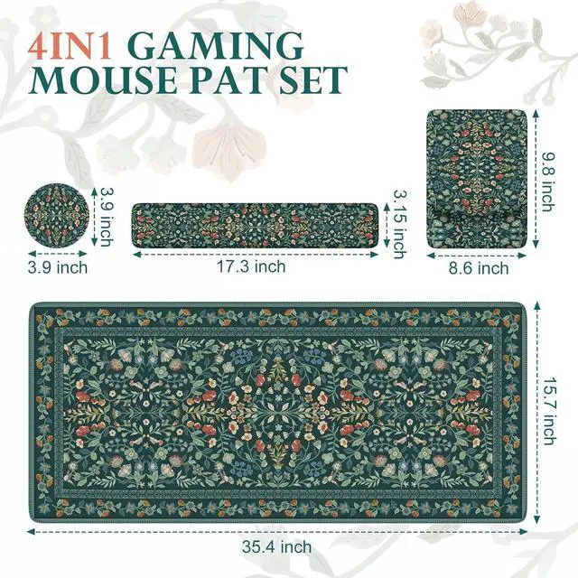 Alt view image 3 of 7 - Mouse Pad with Wrist Rest Large Desk Mat Set Ergonomic Keyboard Pad with Wrist Support Non-Slip Mouse Mat for Women Cute Floral Computer Mat for Home Office Gaming (Green)