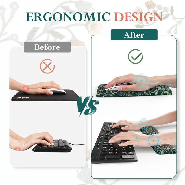 Alt view image 4 of 7 - Mouse Pad with Wrist Rest Large Desk Mat Set Ergonomic Keyboard Pad with Wrist Support Non-Slip Mouse Mat for Women Cute Floral Computer Mat for Home Office Gaming (Green)