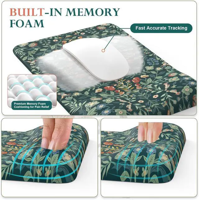 Alt view image 5 of 7 - Mouse Pad with Wrist Rest Large Desk Mat Set Ergonomic Keyboard Pad with Wrist Support Non-Slip Mouse Mat for Women Cute Floral Computer Mat for Home Office Gaming (Green)