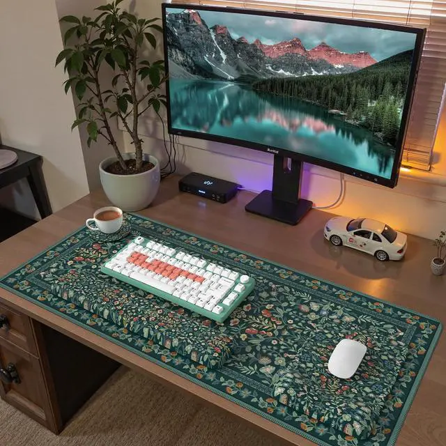 Alt view image 7 of 7 - Mouse Pad with Wrist Rest Large Desk Mat Set Ergonomic Keyboard Pad with Wrist Support Non-Slip Mouse Mat for Women Cute Floral Computer Mat for Home Office Gaming (Green)