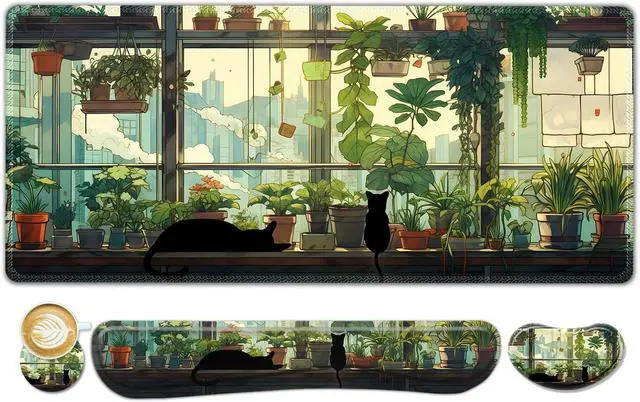 Main image of Extended Gaming Mouse Pad Memory Foam Ergonomic Keyboard Mouse Wrist Rest Support Set Large Desk Mat with Stitched Edges Non-Slip Base Mousepad Home Office Cute Green Japanese Kawaii Cat