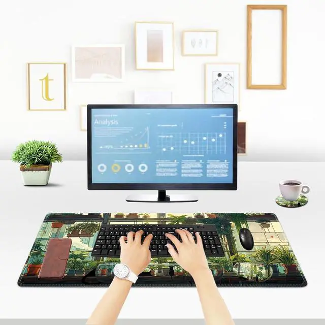 Alt view image 4 of 7 - Extended Gaming Mouse Pad Memory Foam Ergonomic Keyboard Mouse Wrist Rest Support Set Large Desk Mat with Stitched Edges Non-Slip Base Mousepad Home Office Cute Green Japanese Kawaii Cat