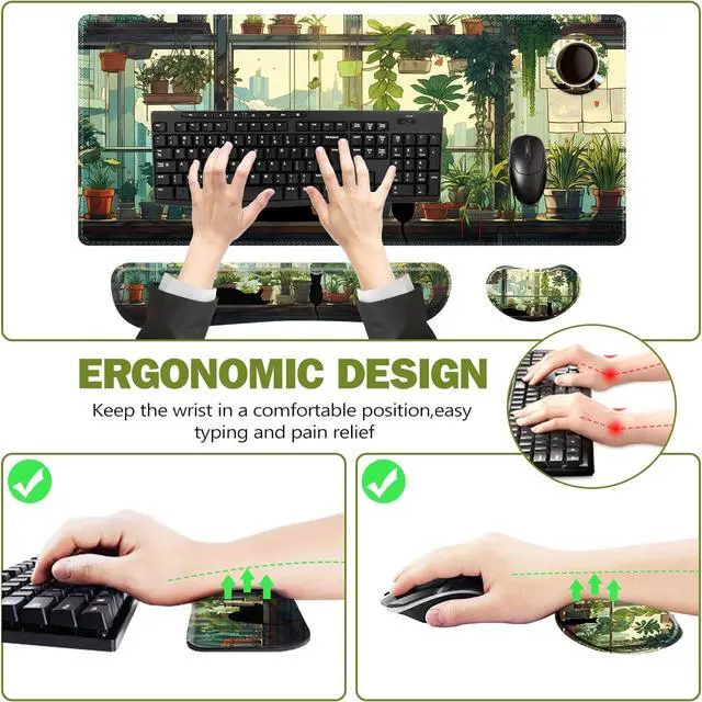 Alt view image 6 of 7 - Extended Gaming Mouse Pad Memory Foam Ergonomic Keyboard Mouse Wrist Rest Support Set Large Desk Mat with Stitched Edges Non-Slip Base Mousepad Home Office Cute Green Japanese Kawaii Cat