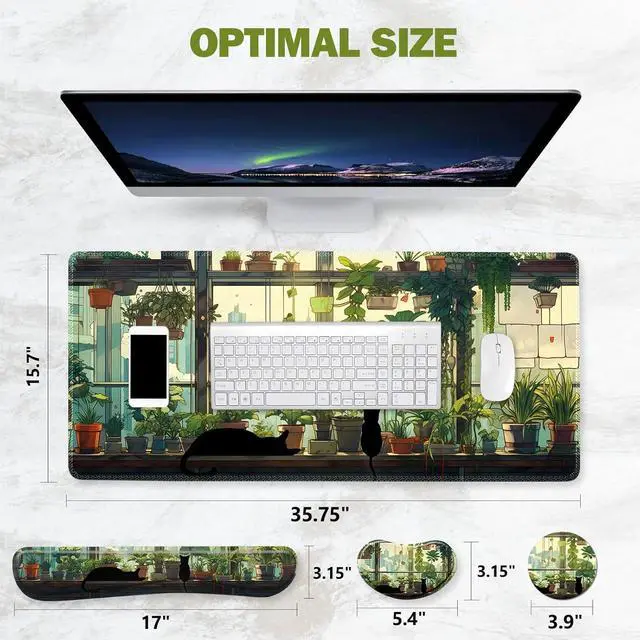 Alt view image 7 of 7 - Extended Gaming Mouse Pad Memory Foam Ergonomic Keyboard Mouse Wrist Rest Support Set Large Desk Mat with Stitched Edges Non-Slip Base Mousepad Home Office Cute Green Japanese Kawaii Cat