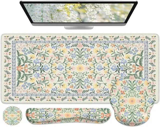 Alt view image 2 of 7 - Desk Mat Large Mouse Pad Wrist Support Set 4in1 XXL Large Mousepad + Keyboard Wrist Rest+Mouse Wrist Rest+Coastert with Ergonomic Design for Home Office Computer(Green Vine Flowers)