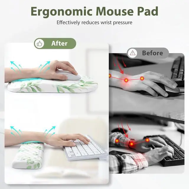 Alt view image 2 of 7 - 3 in 1 Ergonomic Mouse Pad and Keyboard Wrist Rest Cute Mouse Pad with Wrist Support Massage Design Non-Slip Wrist Pad for Mouse Desk Mouse Set (Green Plant)