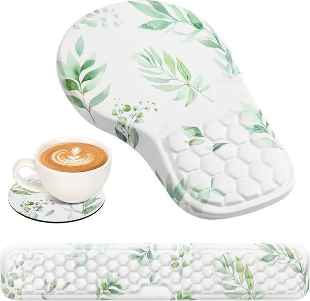 Main image of 3 in 1 Ergonomic Mouse Pad and Keyboard Wrist Rest Cute Mouse Pad with Wrist Support Massage Design Non-Slip Wrist Pad for Mouse Desk Mouse Set (Green Plant)