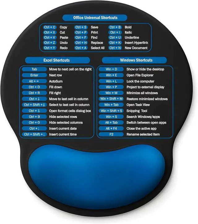 Main image of Mouse Pad with Wrist Rest - Ergonomic Memory Foam Support Small Cute Excel Cheat Sheet Mousepad with Windows & Office Shortcuts Non-Slip PU Base for Computer Desk Laptop Travel Black Blue