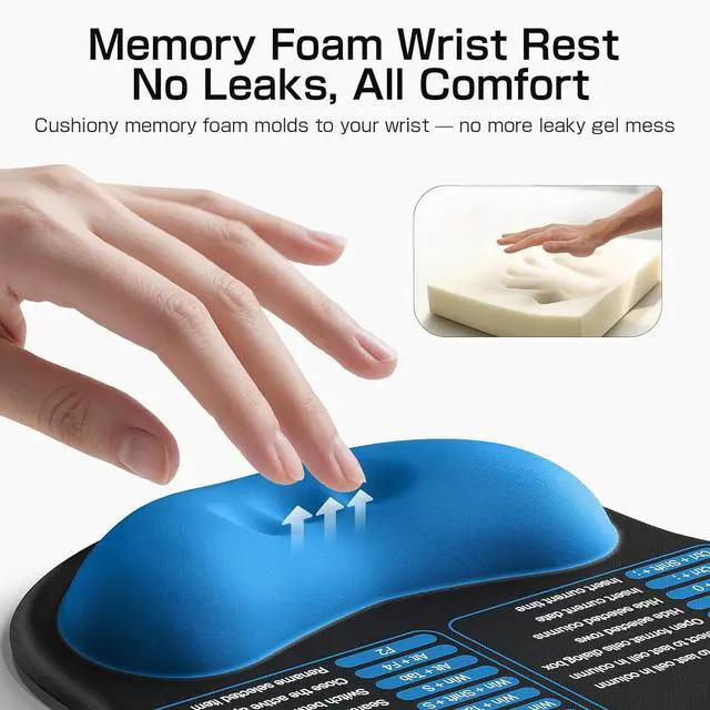 Alt view image 4 of 7 - Mouse Pad with Wrist Rest - Ergonomic Memory Foam Support Small Cute Excel Cheat Sheet Mousepad with Windows & Office Shortcuts Non-Slip PU Base for Computer Desk Laptop Travel Black Blue