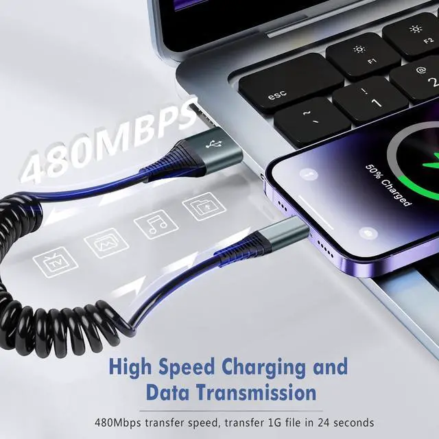 Alt view image 5 of 7 - Coiled Lightning Cable 3FT 2 Pack MFi Certified Car iPhone Charger CableUSB to Lightning Cable Compatible with iPhone 14/13/12/11 Pro Max/XS Max/XR/X/8/7/iPad