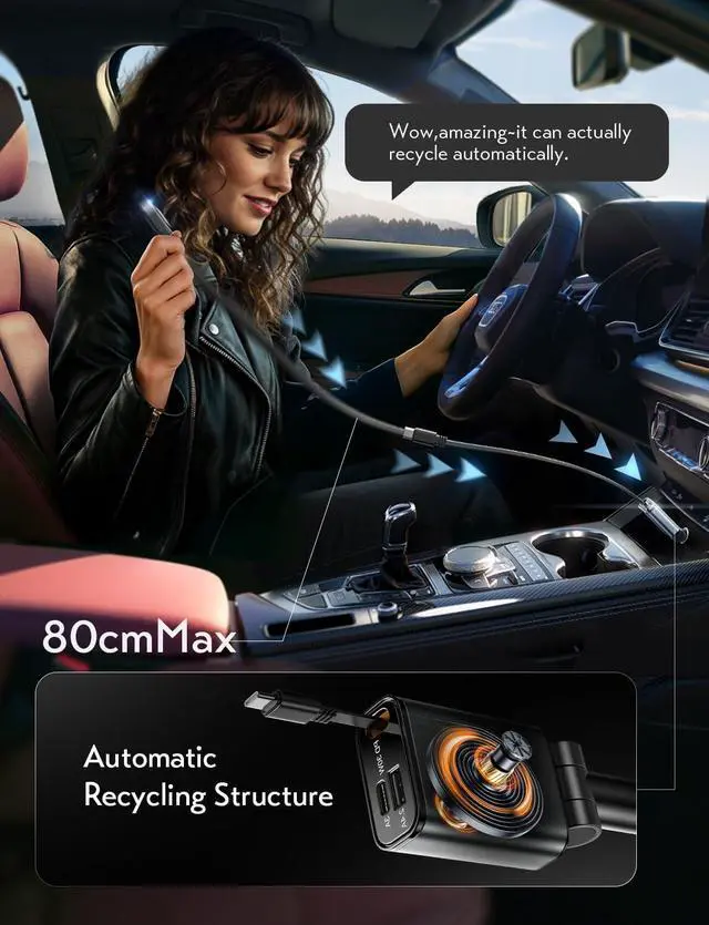 Alt view image 2 of 7 - iPhone 16/15 Car Charger USB C Fast Charging Retractable 60% Less Space Mini 57W Fast iPhone 16/15 USBC Type C Charger for 17 iPhone 16 15 Pro Max Plus Galaxy S25/24 ZAndroid