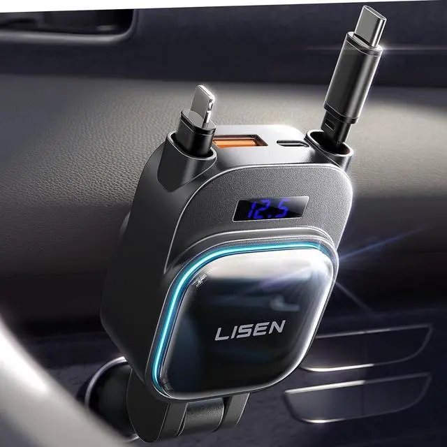 Main image of LISEN 96W Retractable Car Charger[USB C Cable & L Cable], 4 in 1 Fast Charging Retractable Car Charger with Voltage Detection & Ambient Lighting for iPhone Samsung Galaxy S25 S24 Pixel 10 Pro