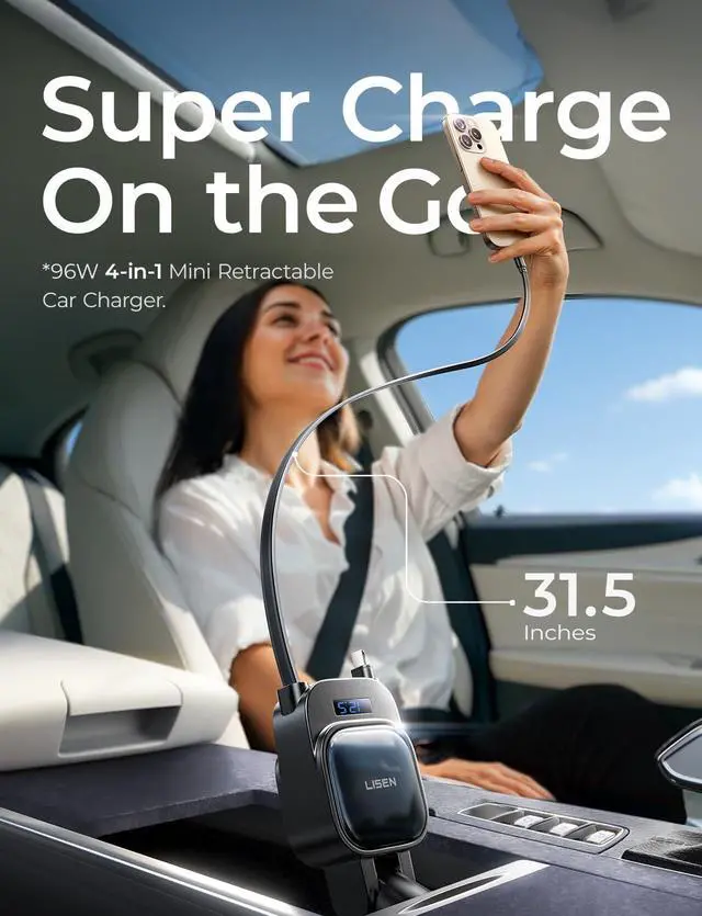 Alt view image 6 of 7 - LISEN 96W Retractable Car Charger[USB C Cable & L Cable], 4 in 1 Fast Charging Retractable Car Charger with Voltage Detection & Ambient Lighting for iPhone Samsung Galaxy S25 S24 Pixel 10 Pro