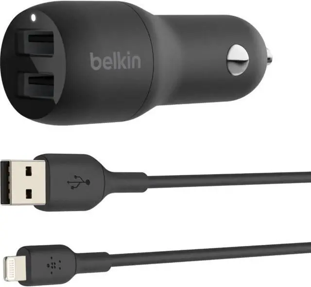 Alt view image 3 of 7 - 24-Watt Dual USB Car Charger - 2 12W USB-A Ports with Lightning Cable - Fast Charging for  iPhone  Galaxy AirPods & More - USB-C Charger