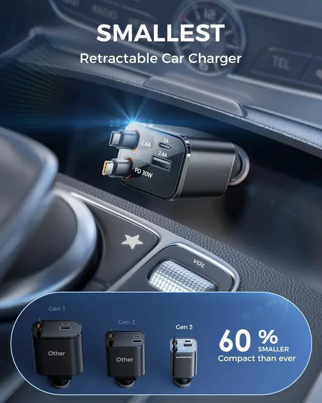 Alt view image 2 of 7 - Retractable USB C Car Charger 4-in-1 Fast Charging with Dual Type C Cable Car Accessories for iPhone 16/15/14/13/12 Series iPad Galaxy Pixel