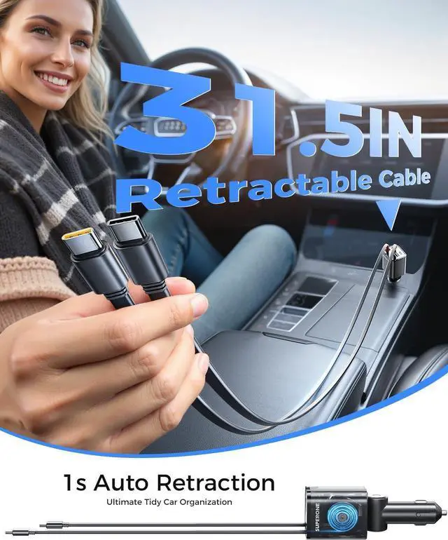 Alt view image 3 of 7 - Retractable USB C Car Charger 4-in-1 Fast Charging with Dual Type C Cable Car Accessories for iPhone 16/15/14/13/12 Series iPad Galaxy Pixel