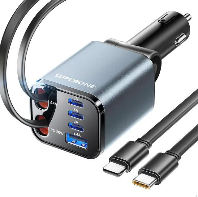 Main image of Upgraded Retractable Car Charger [Ultra-Compact] 6-Port Car Charger USB C iPhone Car Chargers Fast Charging with USB C &  Cable Car Accessories Adapter for iPhone 16/15/14/13/12