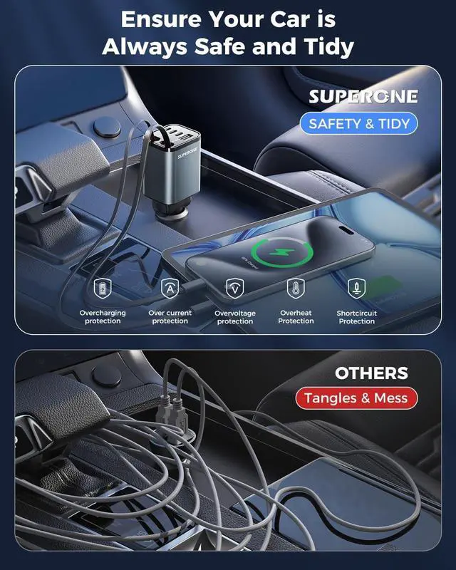 Alt view image 7 of 7 - Upgraded Retractable Car Charger [Ultra-Compact] 6-Port Car Charger USB C iPhone Car Chargers Fast Charging with USB C &  Cable Car Accessories Adapter for iPhone 16/15/14/13/12