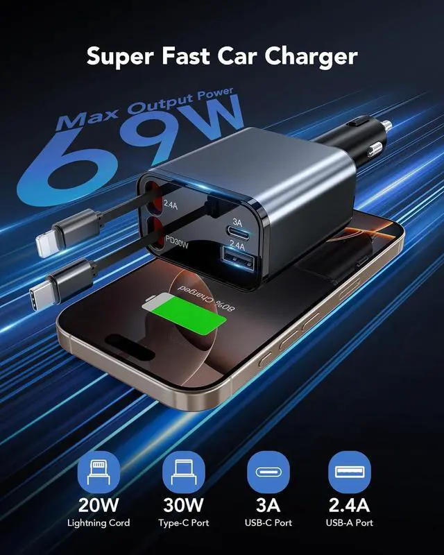 Alt view image 2 of 7 - 69W Retractable Car Charger 4-in-1 Fast Car Phone Charger with 2.6ft Two Retractable Cables and USB C+USB A Car Charging Block Cube Compatible with iPhone 16 15 14 13 12 Pro Max Plus Galaxy Pixel