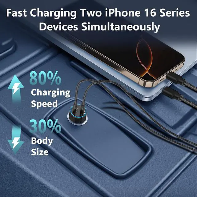 Alt view image 7 of 7 - [ MFi Certified] iPhone 16 Car Charger 90W Dual USB C Car Power Cigarette Lighter Carplay Fast Charger with 2Pack Type C Braided Cable for iPhone 16/16 Pro/16 Pro Max/15/15 Pro/iPad Pro