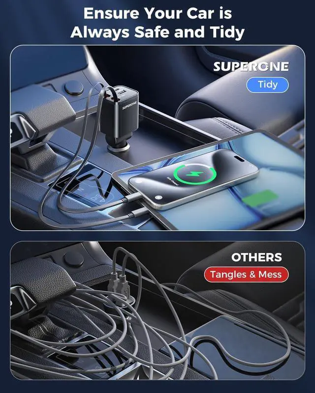 Alt view image 6 of 7 - Retractable USB C Car Charger 4-in-1 Fast Charging with Dual Type C Cable Car Accessories for iPhone 16/15/14/13/12 Series iPad Galaxy Pixel