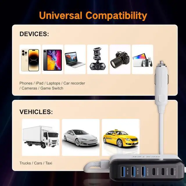 Alt view image 7 of 7 - Multi Ports USB Car Charger Fast Charge 125W 14A Quick Charge 3.0 & USB-C PD Car Charger Adapter with Smart Identification for Cell Phones Tablets and Other USB Devices