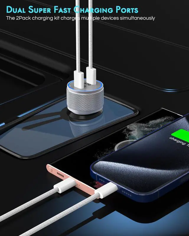 Alt view image 2 of 7 - iPhone 16 Car Charger 2Pack Dual Port USB C Fast Car Charger Type C Rapid Charging Adapter with 2Pack USB C to C Nylon Braid Cable Woven Cord Fast Charging for iPhone 16/16 Pro/15/15 Pro Max/iPad