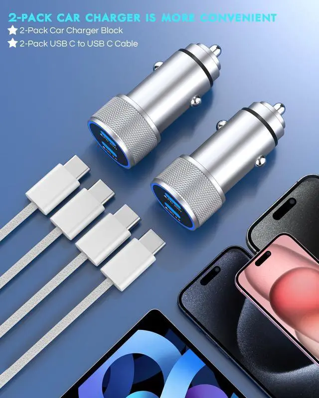 Alt view image 6 of 7 - iPhone 16 Car Charger 2Pack Dual Port USB C Fast Car Charger Type C Rapid Charging Adapter with 2Pack USB C to C Nylon Braid Cable Woven Cord Fast Charging for iPhone 16/16 Pro/15/15 Pro Max/iPad