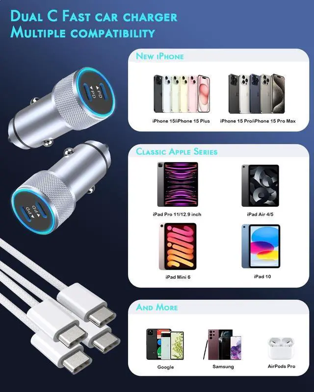 Alt view image 7 of 7 - iPhone 16 Car Charger 2Pack Dual Port USB C Fast Car Charger Type C Rapid Charging Adapter with 2Pack USB C to C Nylon Braid Cable Woven Cord Fast Charging for iPhone 16/16 Pro/15/15 Pro Max/iPad