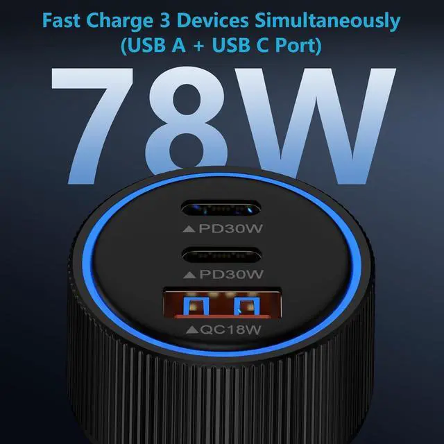 Alt view image 2 of 7 - 78W Fast Car Charger Adapter Auto Plug - USB C & USB A Multi 3 Ports Charging - Cigarette Lighter Cell Phone Automobile Charger for iPhone 16e 16 15 14 13 12 11  Galaxy S25 S24 S23 S22 S21