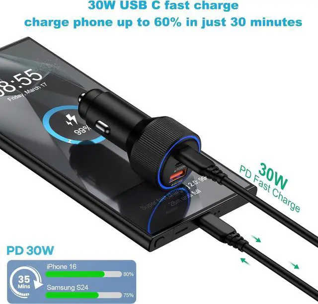 Alt view image 3 of 7 - 78W Fast Car Charger Adapter Auto Plug - USB C & USB A Multi 3 Ports Charging - Cigarette Lighter Cell Phone Automobile Charger for iPhone 16e 16 15 14 13 12 11  Galaxy S25 S24 S23 S22 S21