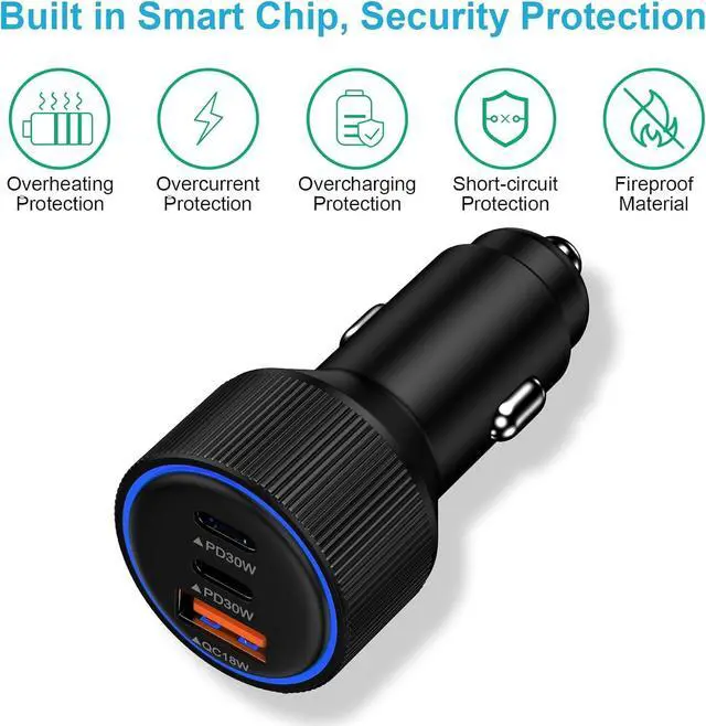 Alt view image 4 of 7 - 78W Fast Car Charger Adapter Auto Plug - USB C & USB A Multi 3 Ports Charging - Cigarette Lighter Cell Phone Automobile Charger for iPhone 16e 16 15 14 13 12 11  Galaxy S25 S24 S23 S22 S21
