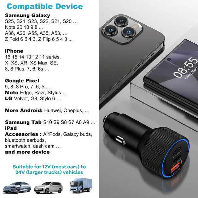 Alt view image 6 of 7 - 78W Fast Car Charger Adapter Auto Plug - USB C & USB A Multi 3 Ports Charging - Cigarette Lighter Cell Phone Automobile Charger for iPhone 16e 16 15 14 13 12 11  Galaxy S25 S24 S23 S22 S21