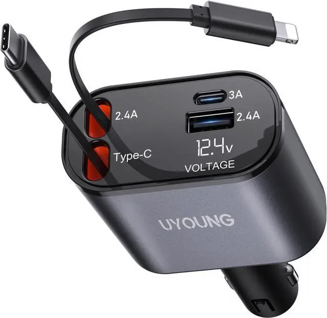 Main image of iPhone Car Charger Retractable Fast Car Phone Charger 100w for CarPlay 4 in 1 Car Charger Adapter with 2 Cables 31.5 Inch and 2 USB Ports Compatible with iPhone 16/15/14/13/12/11 Pro/