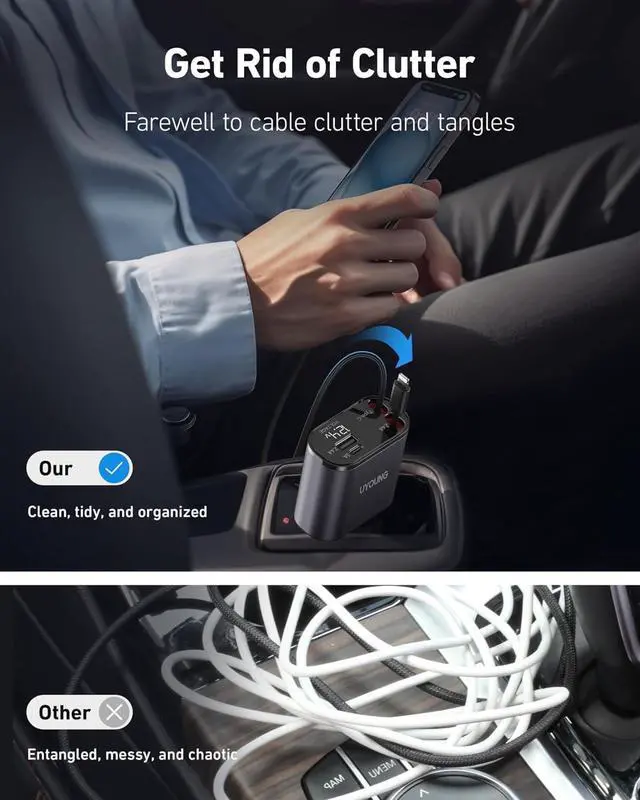 Alt view image 2 of 7 - iPhone Car Charger Retractable Fast Car Phone Charger 100w for CarPlay 4 in 1 Car Charger Adapter with 2 Cables 31.5 Inch and 2 USB Ports Compatible with iPhone 16/15/14/13/12/11 Pro/