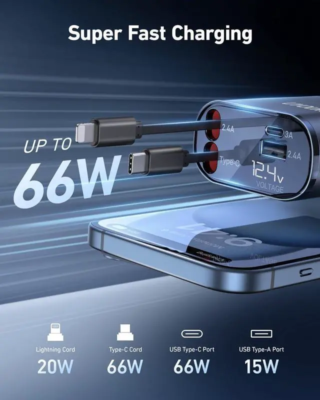 Alt view image 3 of 7 - iPhone Car Charger Retractable Fast Car Phone Charger 100w for CarPlay 4 in 1 Car Charger Adapter with 2 Cables 31.5 Inch and 2 USB Ports Compatible with iPhone 16/15/14/13/12/11 Pro/