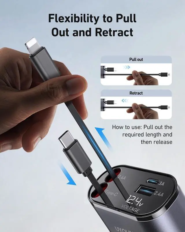 Alt view image 5 of 7 - iPhone Car Charger Retractable Fast Car Phone Charger 100w for CarPlay 4 in 1 Car Charger Adapter with 2 Cables 31.5 Inch and 2 USB Ports Compatible with iPhone 16/15/14/13/12/11 Pro/