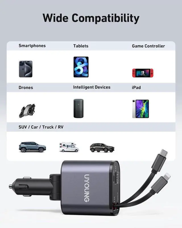 Alt view image 7 of 7 - iPhone Car Charger Retractable Fast Car Phone Charger 100w for CarPlay 4 in 1 Car Charger Adapter with 2 Cables 31.5 Inch and 2 USB Ports Compatible with iPhone 16/15/14/13/12/11 Pro/