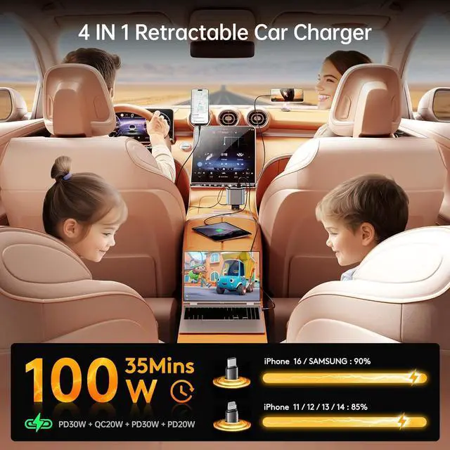 Alt view image 2 of 7 - GUSGU 100W Retractable Car Charger, 4-in-1 Fast Car Phone Charger Featuring a 2.6ft Retractable Cord, with Lightning and USB-C Cable Car Charger Adapters, Compatible All Other Phone Models (Silver)