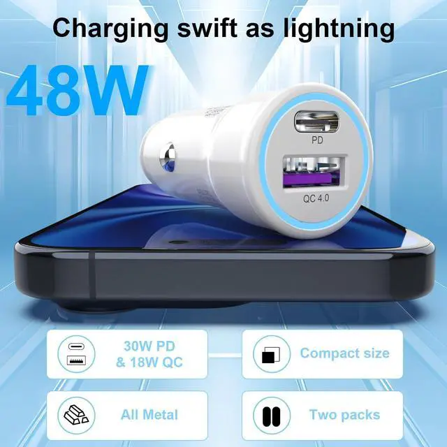 Alt view image 2 of 7 - iPhone 16 Car Charger - 2Pack 48W PD&QC4.0 Dual Port USB C Car Charger Adapter with USB C to C Cable for iPhone 16/15 Series  Galaxy Series iPad Pro AirPods Pixel and More