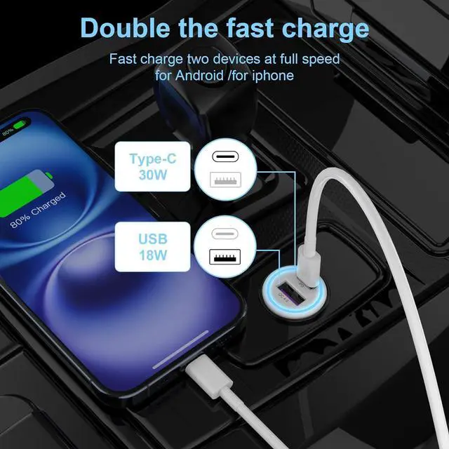 Alt view image 6 of 7 - iPhone 16 Car Charger - 2Pack 48W PD&QC4.0 Dual Port USB C Car Charger Adapter with USB C to C Cable for iPhone 16/15 Series  Galaxy Series iPad Pro AirPods Pixel and More